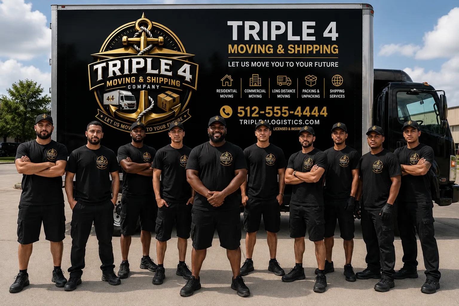 Ten moving company employees in black uniforms stand in front of a Triple 4 Moving and Shipping Company truck.