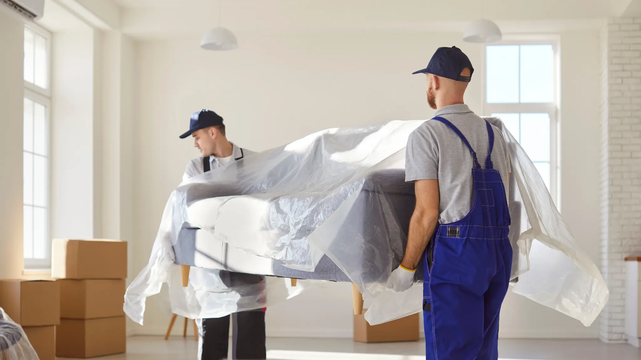 Two movers in navy caps carry a gray upholstered armchair already sheathed in clear plastic wrap through a bright, mostly emp